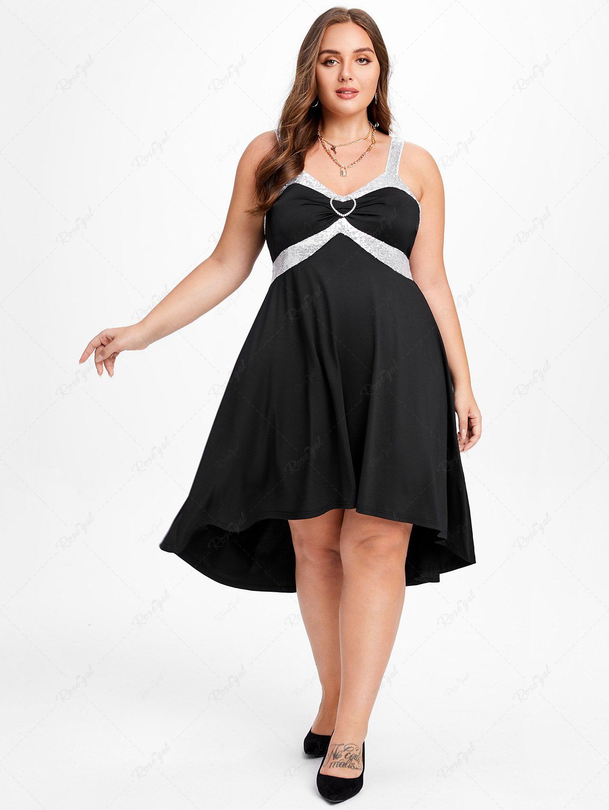 Fancy Plus Size Sequin Heart Ring High Low Cocktail Party Dress  