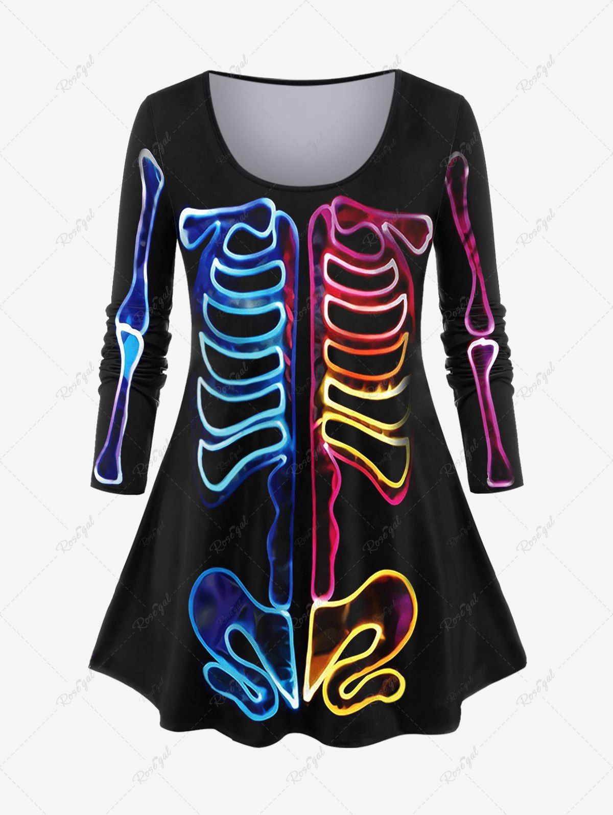 T-shirt à Imprimé Squelette Coloré Halloween Grande Taille à Manches Longues Noir 4X | US 26-28