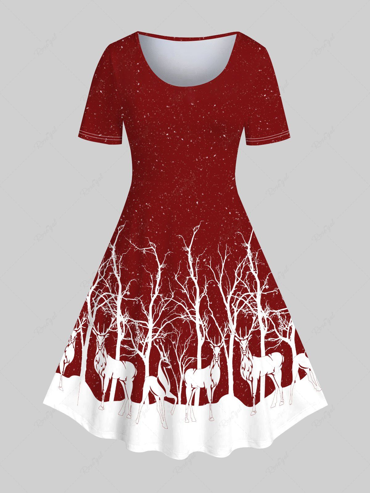 Buy Plus Size Christmas Tree Elk Print Knee Length Dress  