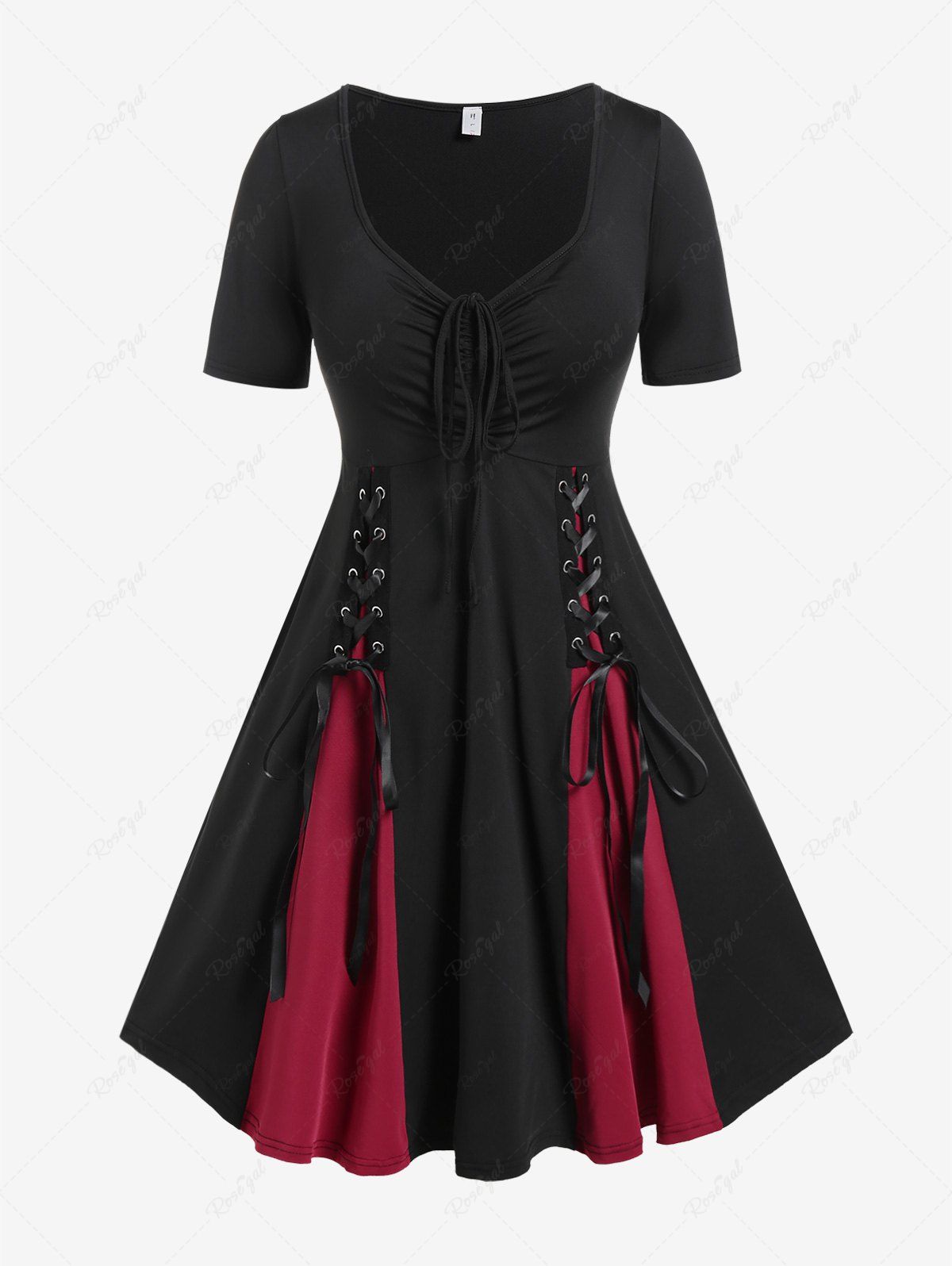 Sale Gothic Lace-up Cinched Two Tone Godet Hem A Line Dress  