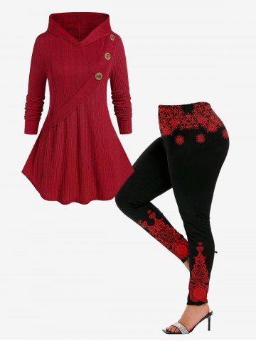 Hooded Ribbed Knitwear and Graphic Leggings Plus Size Outerwear Outfit - RED