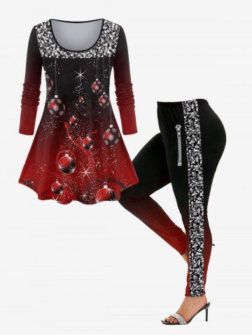 3D Sequin Print Christmas Ball T-shirt and 3D Sequin Zipper Print Ombre Color Leggings Plus Size Outfit