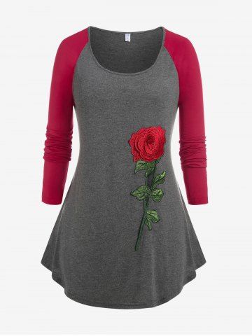 Plus Size Rose Applique Raglan Sleeve T-shirt