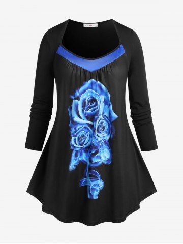 Plus Size Rose Print Tunic Swing T-shirt - BLACK - 2X