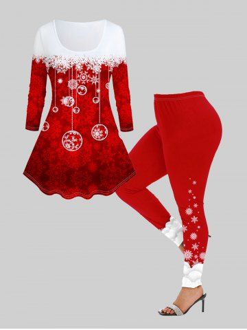 Christmas Snowflake Printed Long Sleeves Tee and Leggings Plus Size Matching Set Outfit - RED