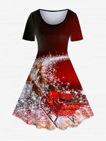 Plus Size Christmas Printed Flared Knee Length Dress - DEEP RED - 1X | US 14-16