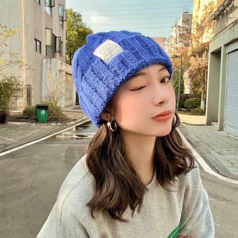Patched Cuffed Knit Beanie Hat - BLUE