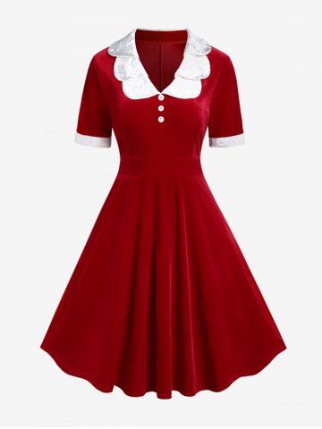 Plus Size Vintage Two Tone Christmas Party Velvet Fit and Flare Dress - RED - 2X | US 18-20