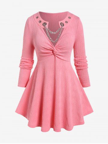 Plus Size Textured Grommets Chain Embellish Twist Long Sleeve Top - LIGHT PINK - M | US 10