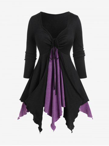Plus Size Two Tone Cinched Long Sleeves Tunic Handkerchief Tee - BLACK - M | US 10