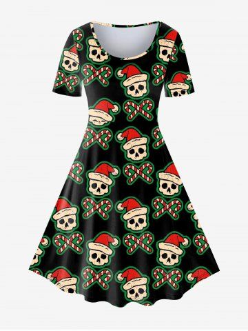 Plus Size Christmas Skull Hat Candy Print Dress - BLACK - 4X | US 26-28