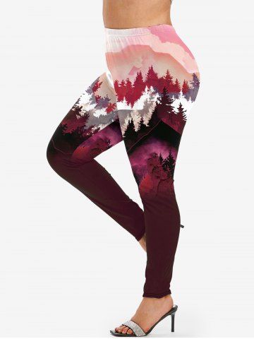 Plus Size Ombre Forest Print Leggings - DEEP RED - 5X | US 30-32