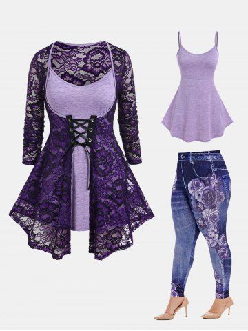 Sheer Lace Blouse and Camisole Set and High Rise Floral Gym 3D Jeggings Plus Size Outfit