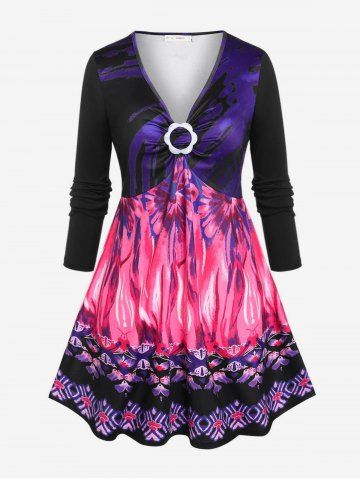 Plus Size Flower Ring Printed Skirted Tunic T-shirt