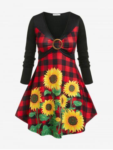 Plus Size Sunflower Plaid Print O Ring T Shirt - BLACK - 4X