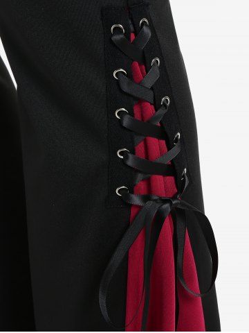 Gothic Lace Up Two Tone Godet Hem Pull On Flare Pants
