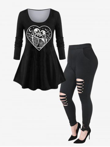 Halloween Heart Skeleton T-shirt and Pockets Ripped Lace Butterfly Leggings Outfit - BLACK