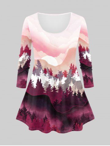 Plus Size Ombre Forest Print Long Sleeve T-shirt - LIGHT PINK - S | US 8