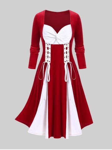 Plus Size Lace Up Colorblock Velvet Midi Dress - RED - 5X | US 30-32