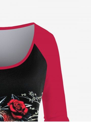 Gothic Rose Skull Print Raglan Sleeve T-shirt