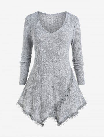 Plus Size Guipure Lace Trim Rib-knit Marled Top - LIGHT GRAY - M | US 10