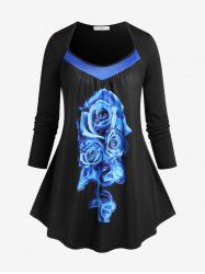 T-Shirt Tunique Trapèze à Imprimé Roses Grande-Taille - Noir L