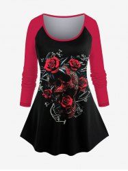 Gothic Rose Skull Print Raglan Sleeve T-shirt -  