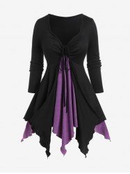 Plus Size Two Tone Cinched Long Sleeves Tunic Handkerchief Tee -  