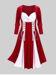 Plus Size Lace Up Colorblock Velvet Midi Dress -  