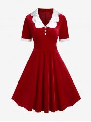 Plus Size Vintage Two Tone Christmas Party Velvet Fit and Flare Dress -  