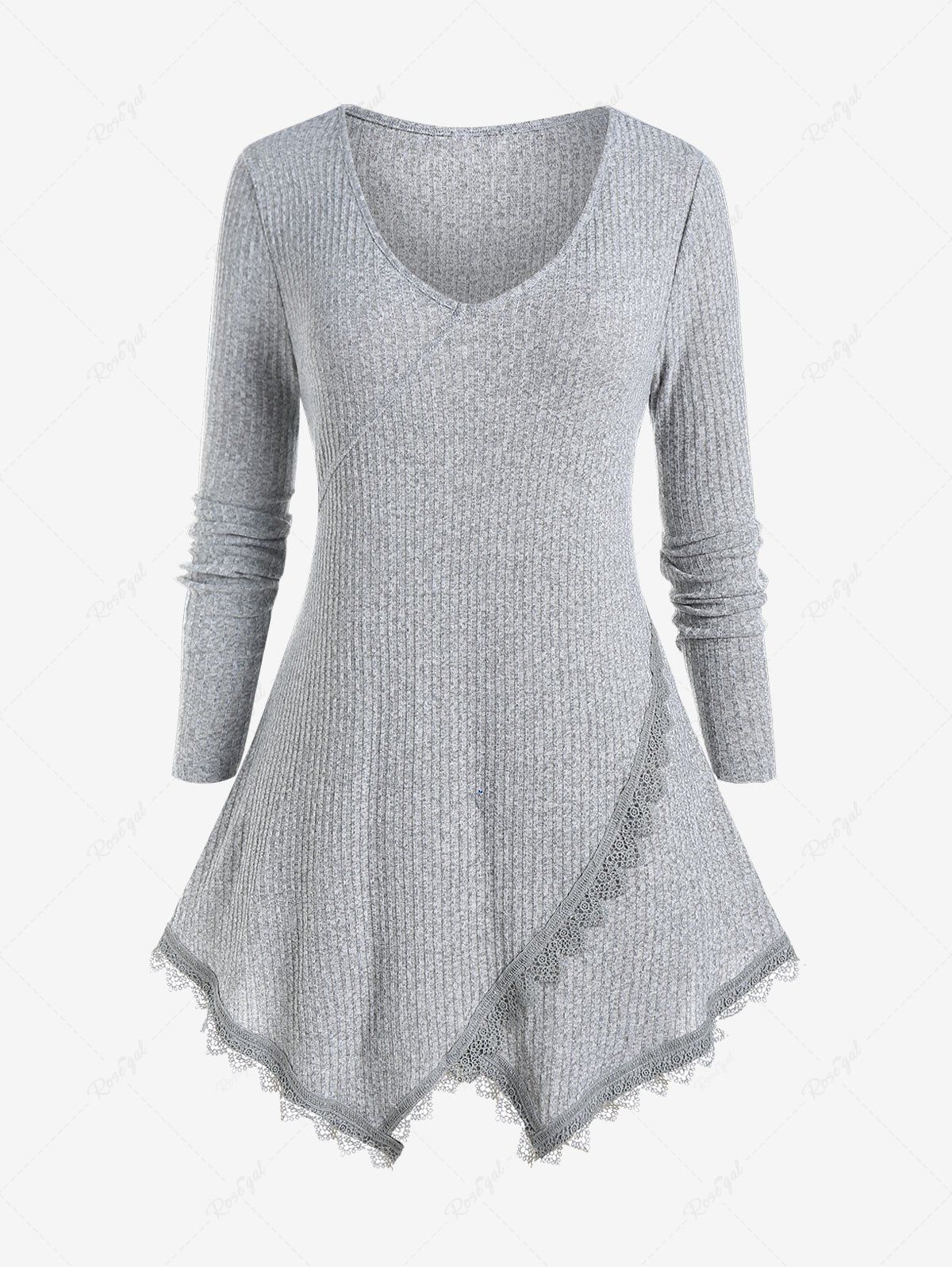 Cheap Plus Size Guipure Lace Trim Rib-knit Marled Top  