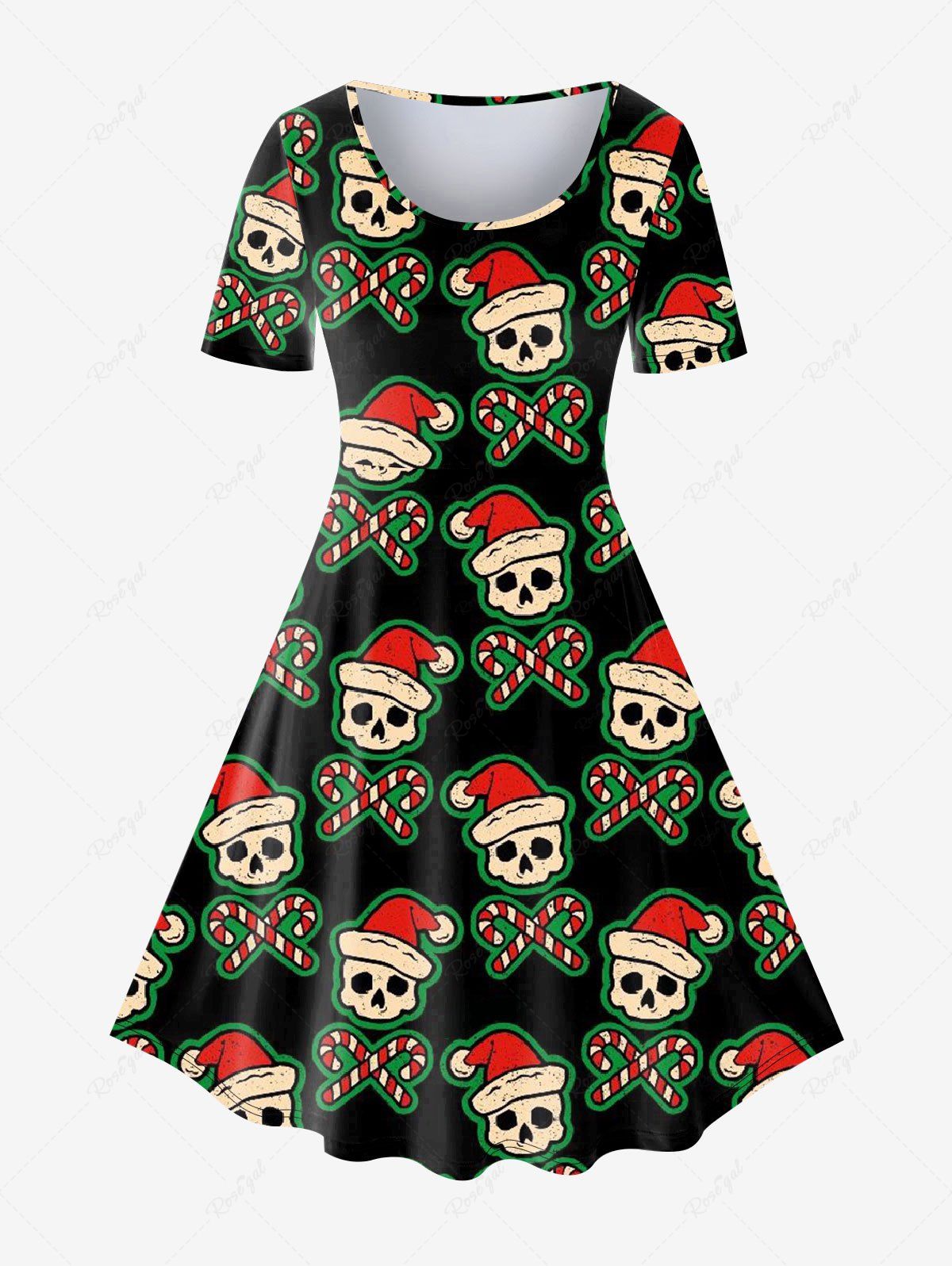 Store Plus Size Christmas Skull Hat Candy Print Dress  