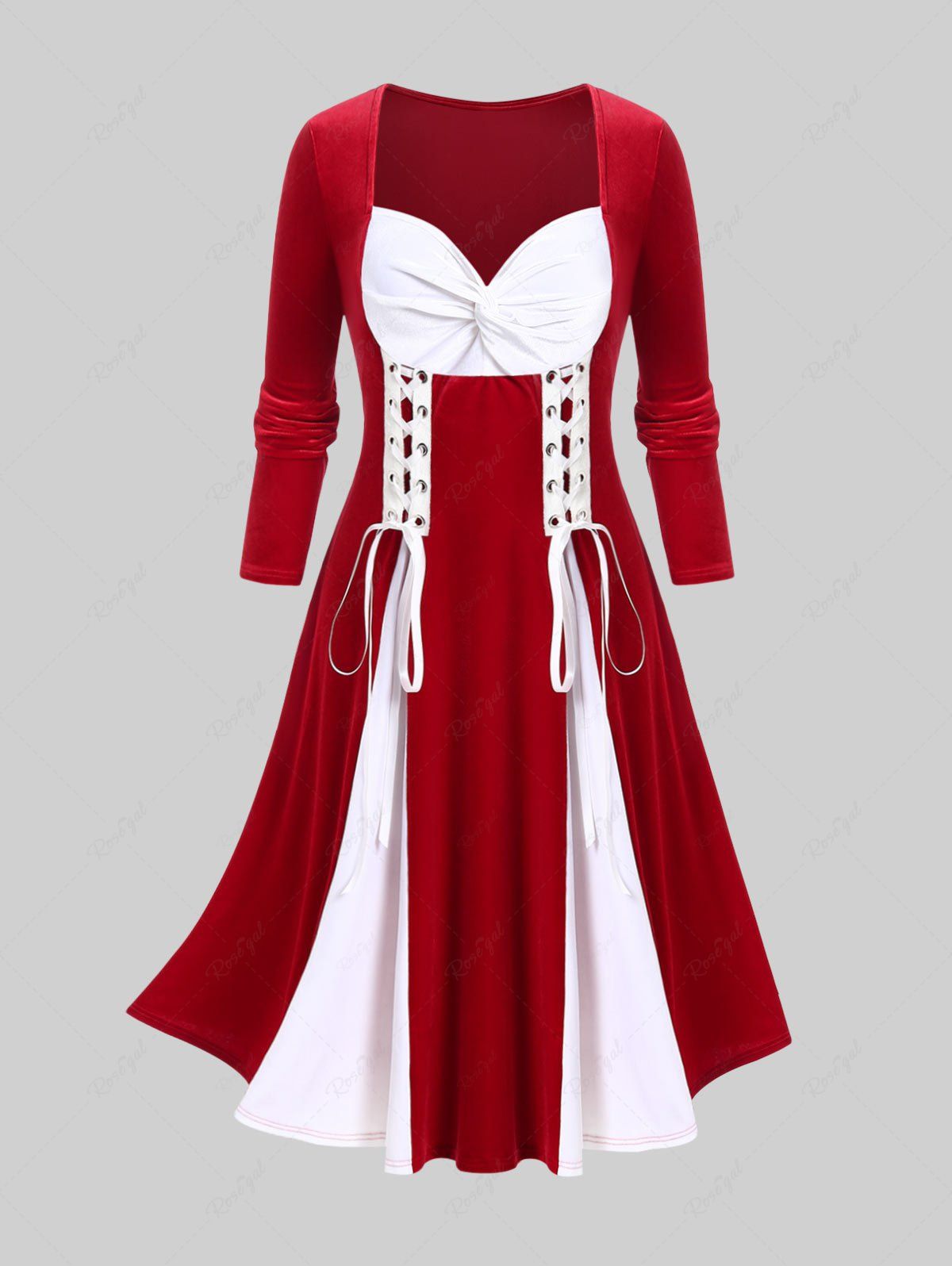 Store Plus Size Lace Up Colorblock Velvet Midi Dress  