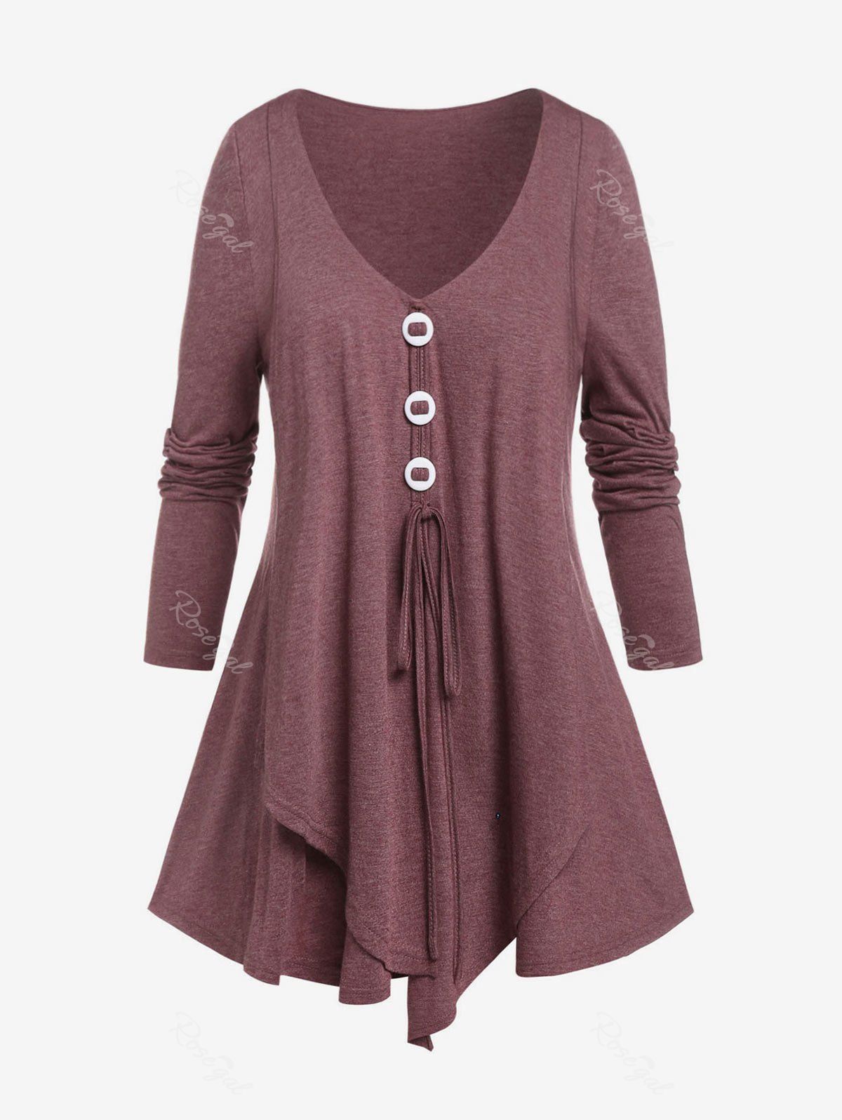 Chic Plus Size Tie Asymmetrical Jersey Long Sleeve Tunic Top  