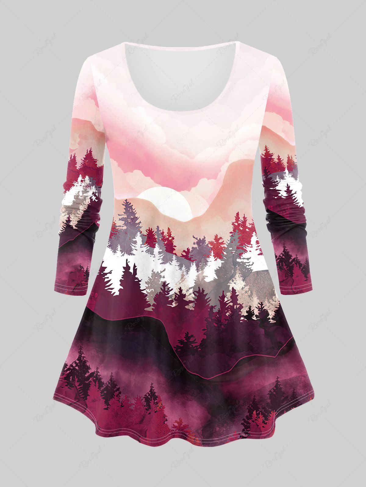 Best Plus Size Ombre Forest Print Long Sleeve T-shirt  