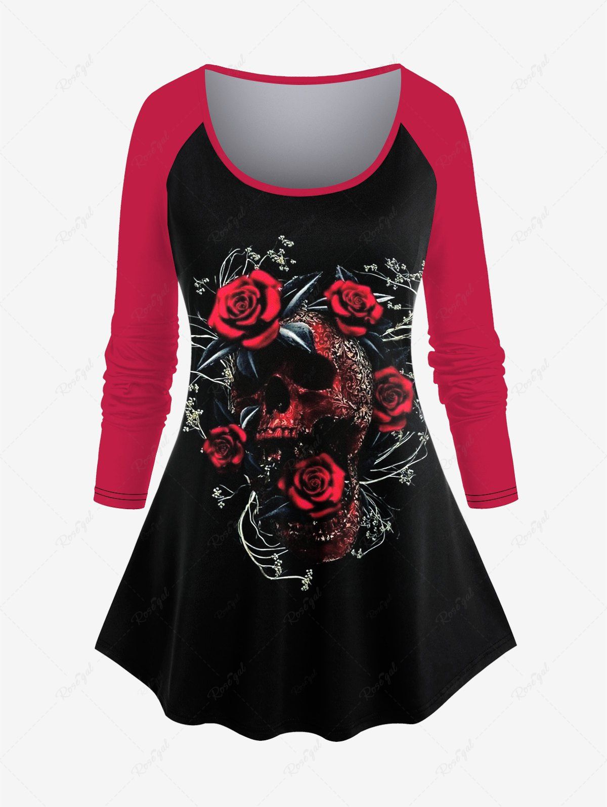 Chic Gothic Rose Skull Print Raglan Sleeve T-shirt  