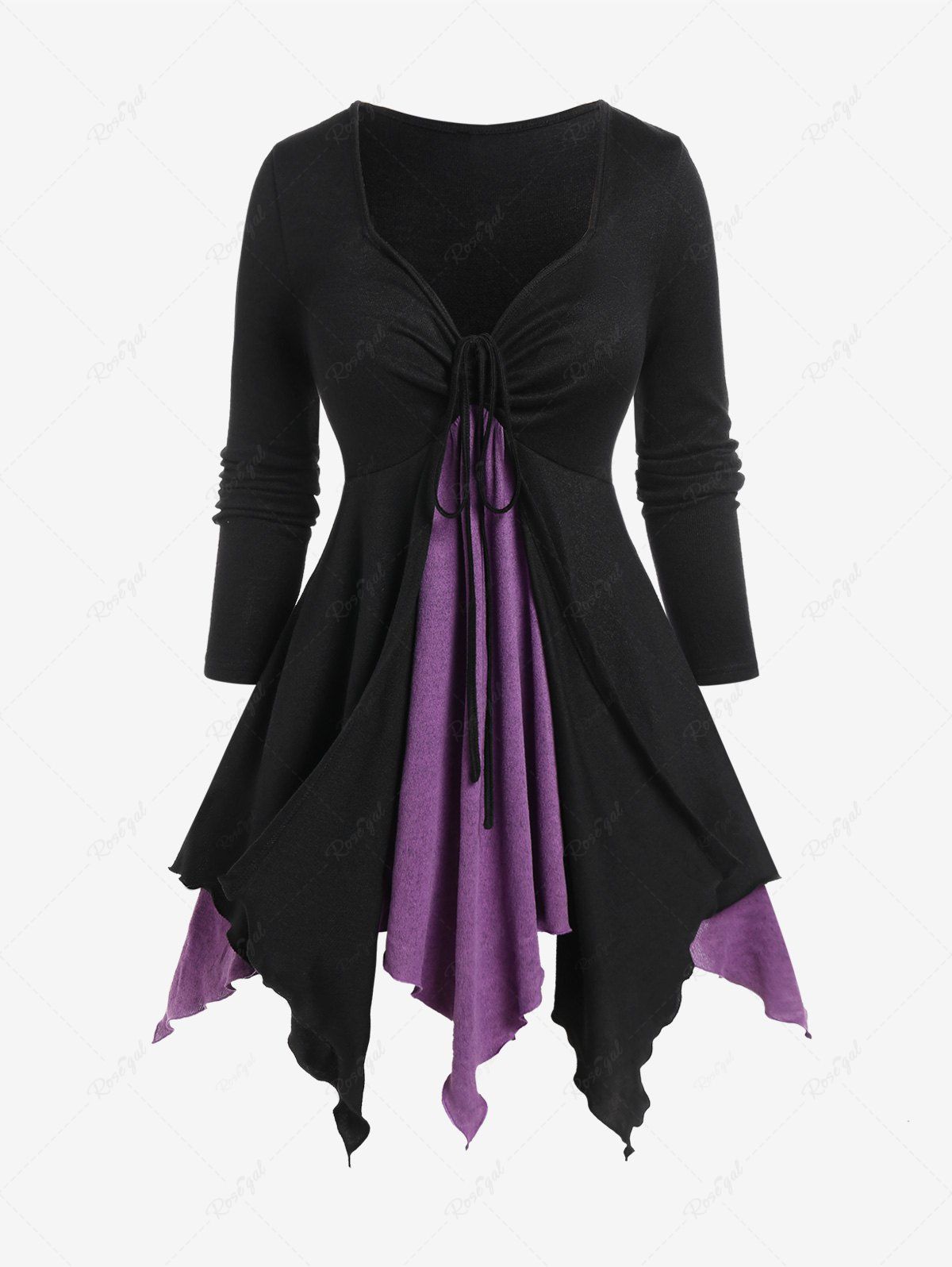 Shop Plus Size Two Tone Cinched Long Sleeves Tunic Handkerchief Tee  