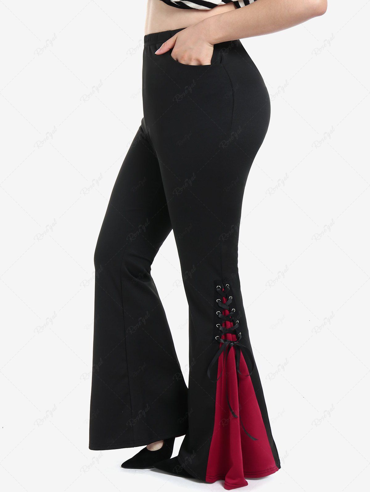 Affordable Gothic Lace Up Two Tone Godet Hem Pull On Flare Pants  