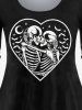 Ensemble de T-shirt D'Halloween Déchiré Forme de Squelette Cœur en Dentelle et Legging - Noir 