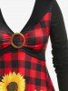 Plus Size Sunflower Plaid Print O Ring T Shirt -  