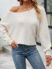 Textured Plain Color Skew Neck Long Sleeve Pullover Sweater -  