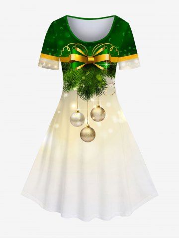 Plus Size Christmas Tree Ball Print A Line Dress - DEEP GREEN - M | US 10