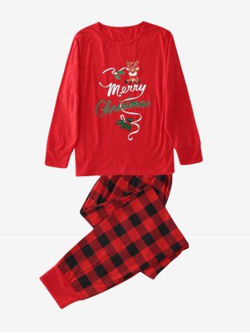 Pantalon de Pyjamas à Imprimé Cerf de Noël et Lettre à Carreaux
