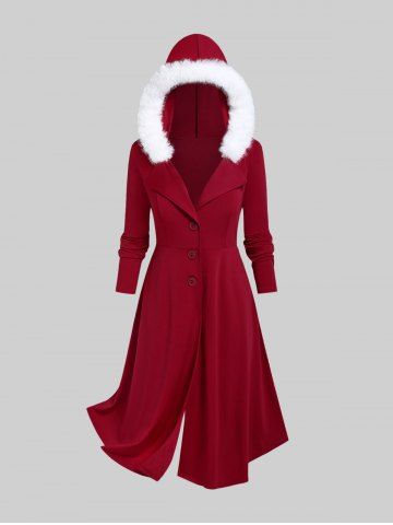Plus Size Faux-fur Hooded Long Coat - DEEP RED - 1X | US 14-16
