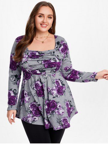 Plus Size Rose Printed Pleated Long Sleeves Tee - GRAY - 2X | US 18-20