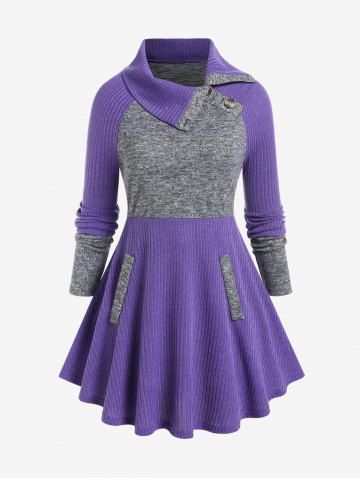 Plus Size Turndown Collar Colorblock Raglan Sleeves Ribbed Sweater - PURPLE - 1X | US 14-16