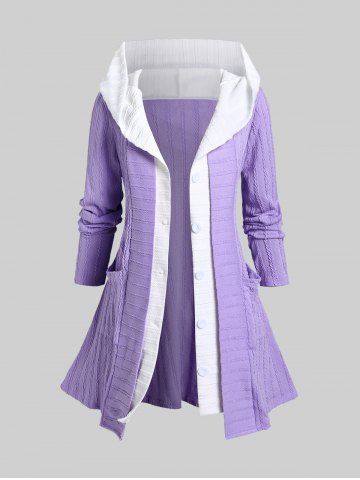 Plus Size Two Tone Hooded Cable Knit Long Cardigan with Pockets - LIGHT PURPLE - M | US 10