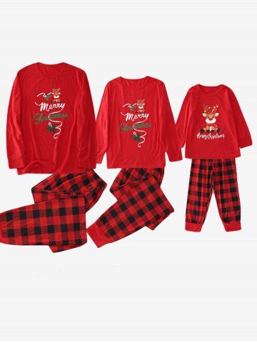 Kids Merry Christmas Letters Elk Plaid Pajamas Sweatshirt Set