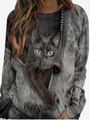 Plus Size 3D Cat Print Long Sleeve T-shirt - GRAY - 5XL