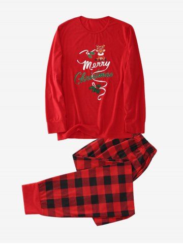 Men Merry Christmas Letters Elk Printed Plaid Pajamas Sweatshirt Set - RED - M